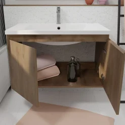 Aurlane Meuble de salle de bains 80cm à Suspendre Décor Bois Clair - 2 Portes - Vasque Blanche - ELEMENTARY