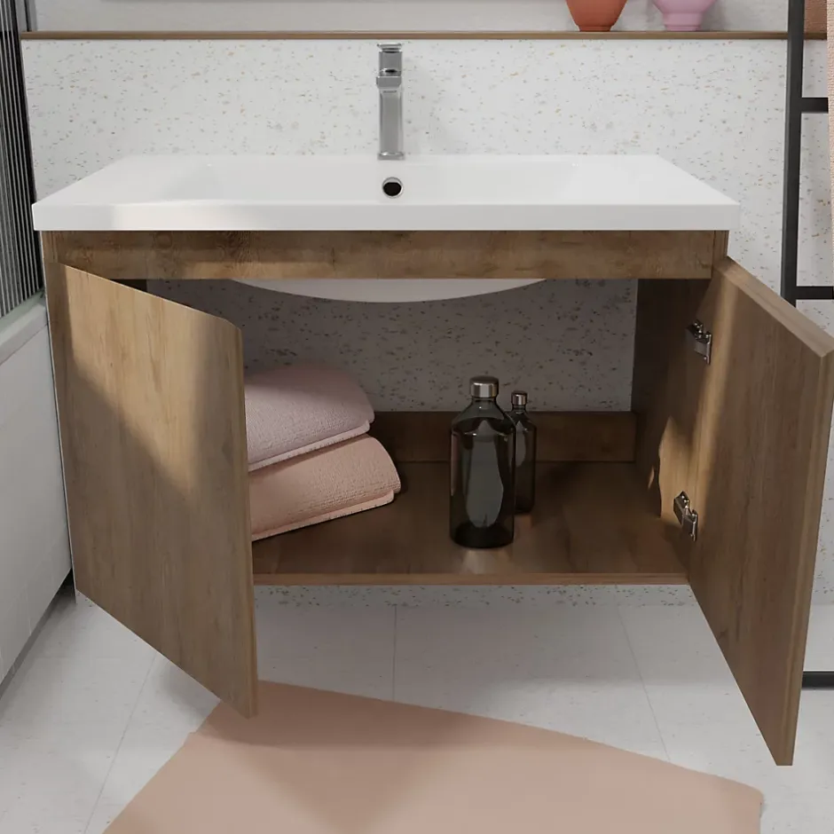 Aurlane Meuble de salle de bains 80cm à Suspendre Décor Bois Clair - 2 Portes - Vasque Blanche - ELEMENTARY
