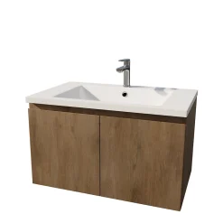 Aurlane Meuble de salle de bains 80cm à Suspendre Décor Bois Clair - 2 Portes - Vasque Blanche - ELEMENTARY