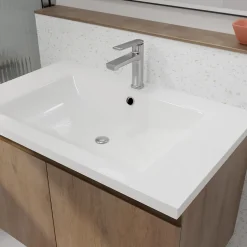 Aurlane Meuble de salle de bains 80cm à Suspendre Décor Bois Clair - 2 Portes - Vasque Blanche - ELEMENTARY