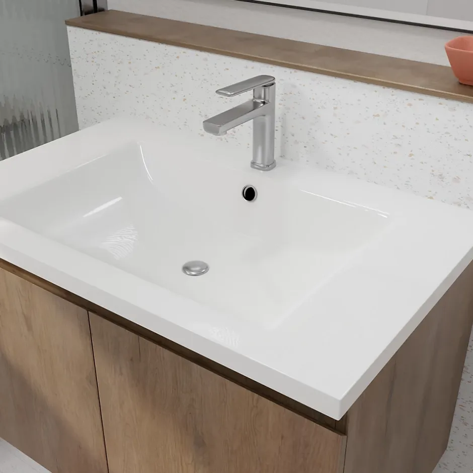 Aurlane Meuble de salle de bains 80cm à Suspendre Décor Bois Clair - 2 Portes - Vasque Blanche - ELEMENTARY