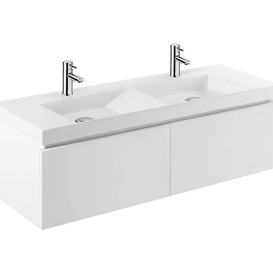 Sanindusa Meuble de salle de bains suspendu blanc 2 tiroirs blanc pour Vasque Vista 140 (vasque, mitigeur et vidage non inclus)