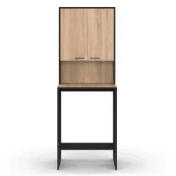 IDMarket Meuble dessus de machine à laver WALLIS avec placard noir et bois façon hêtre* Armoire De Salle De Bains