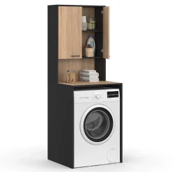 IDMarket Meuble dessus de machine à laver WALLIS avec placard noir et bois façon hêtre* Armoire De Salle De Bains