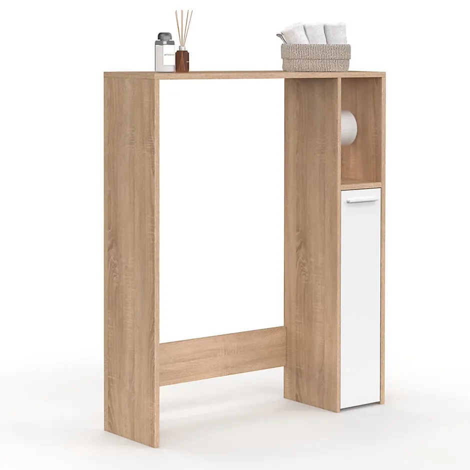 IDMarket Meuble dessus WC WALLIS avec placard façon hêtre et blanc