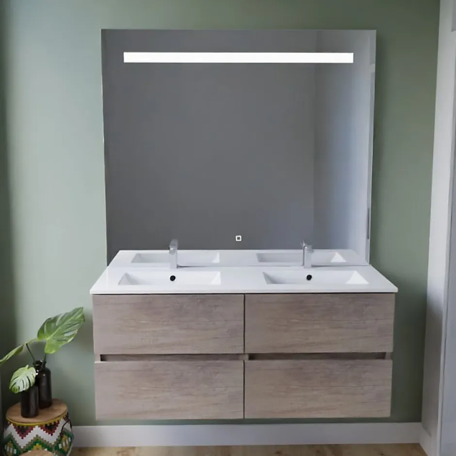Cuisibane Meuble double vasque 120 cm ROSALY INOX + miroir Elégance ht105- Bois- Plan vasque en Céramique
