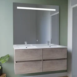 Cuisibane Meuble double vasque 120 cm ROSALY INOX + miroir Elégance ht105- Bois- Plan vasque en Céramique