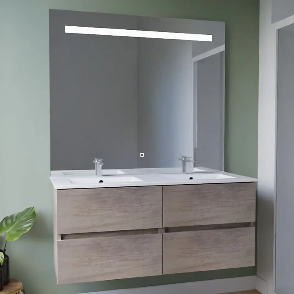 Cuisibane Meuble double vasque 120 cm ROSALY INOX + miroir Elégance ht105- Bois- Plan vasque en Céramique