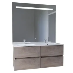 Cuisibane Meuble double vasque 120 cm ROSALY INOX + miroir Elégance ht105- Bois- Plan vasque en Céramique