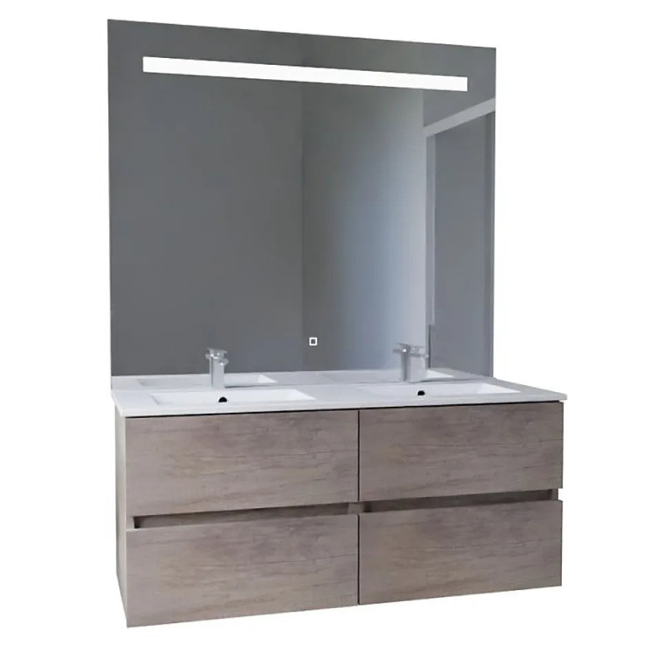 Cuisibane Meuble double vasque 120 cm ROSALY INOX + miroir Elégance ht105- Bois- Plan vasque en Céramique
