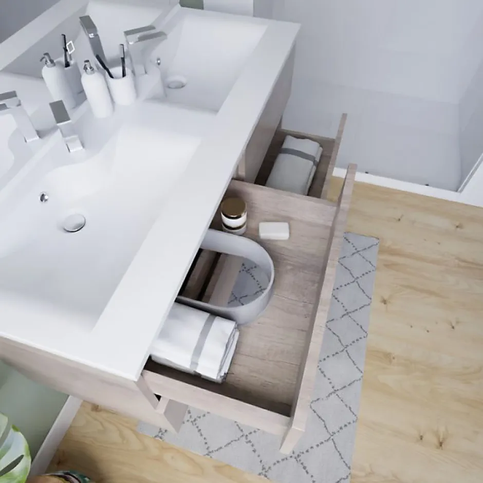 Cuisibane Meuble double vasque 120 cm ROSALY INOX + miroir Elégance ht105- Bois- Plan vasque en Céramique