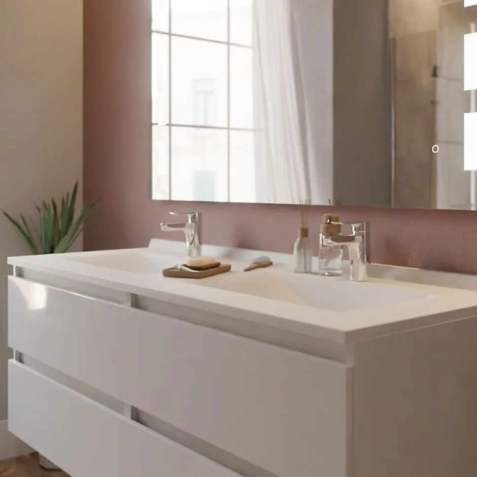 Cuisibane Meuble double vasque 140 cm ARLEQUIN avec miroir Prestige - Blanc - Blanc* Ensemble Meuble De Salle De Bains
