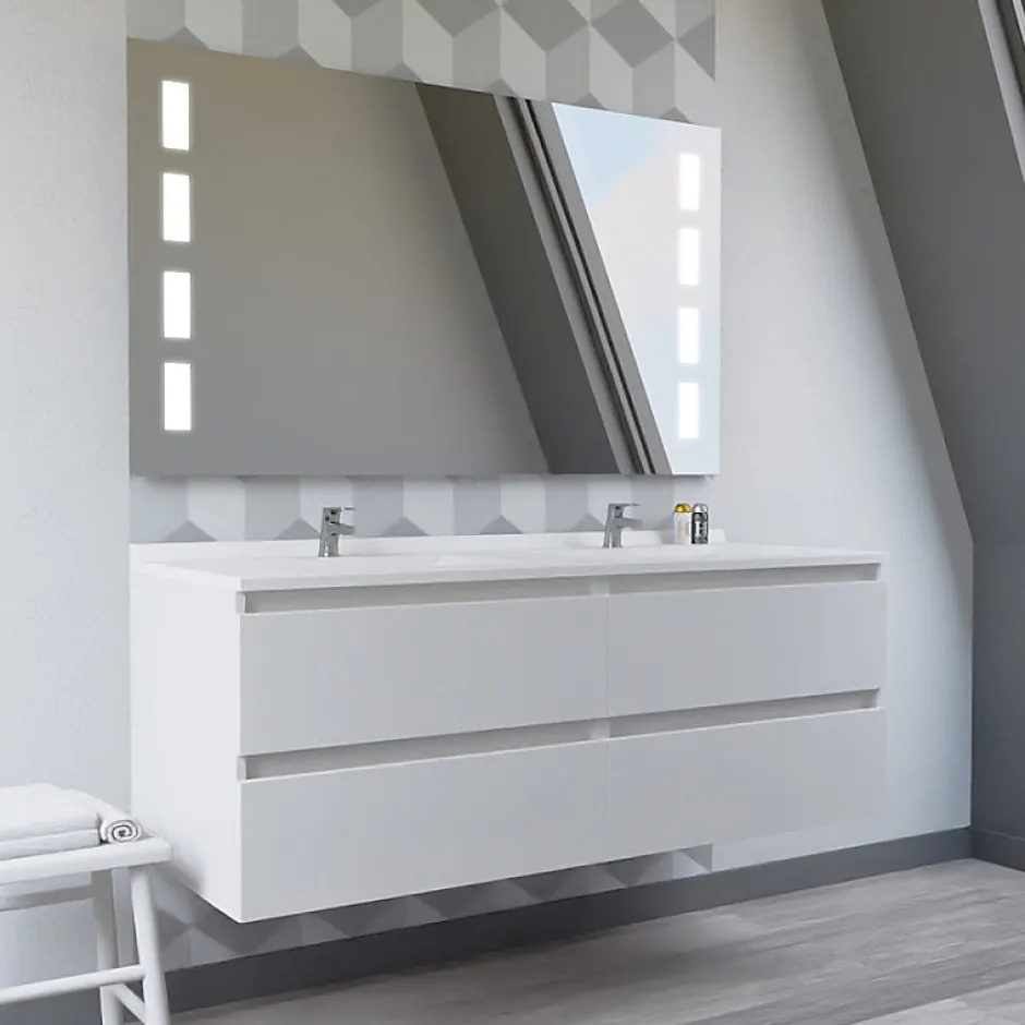 Cuisibane Meuble double vasque 140 cm ARLEQUIN avec miroir Prestige - Blanc - Blanc* Ensemble Meuble De Salle De Bains