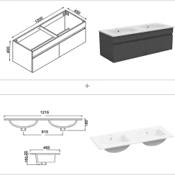 AICA Sanitaire Meuble double vasque anthracite 120cm avec colonne + miroir 3 couleurs + dimmable