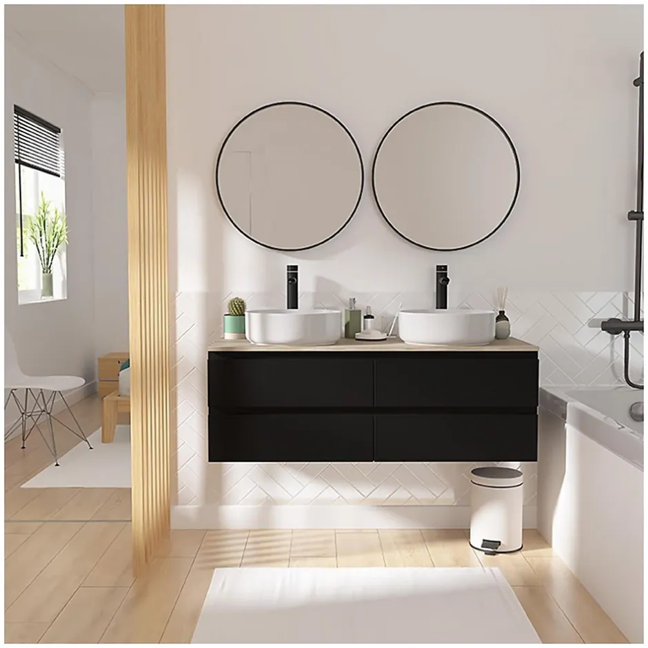 Mob-In Meuble double vasque 120cm avec plan bois SORRENTO Blanc+vasque+robinet+miroir* Ensemble Meuble De Salle De Bains