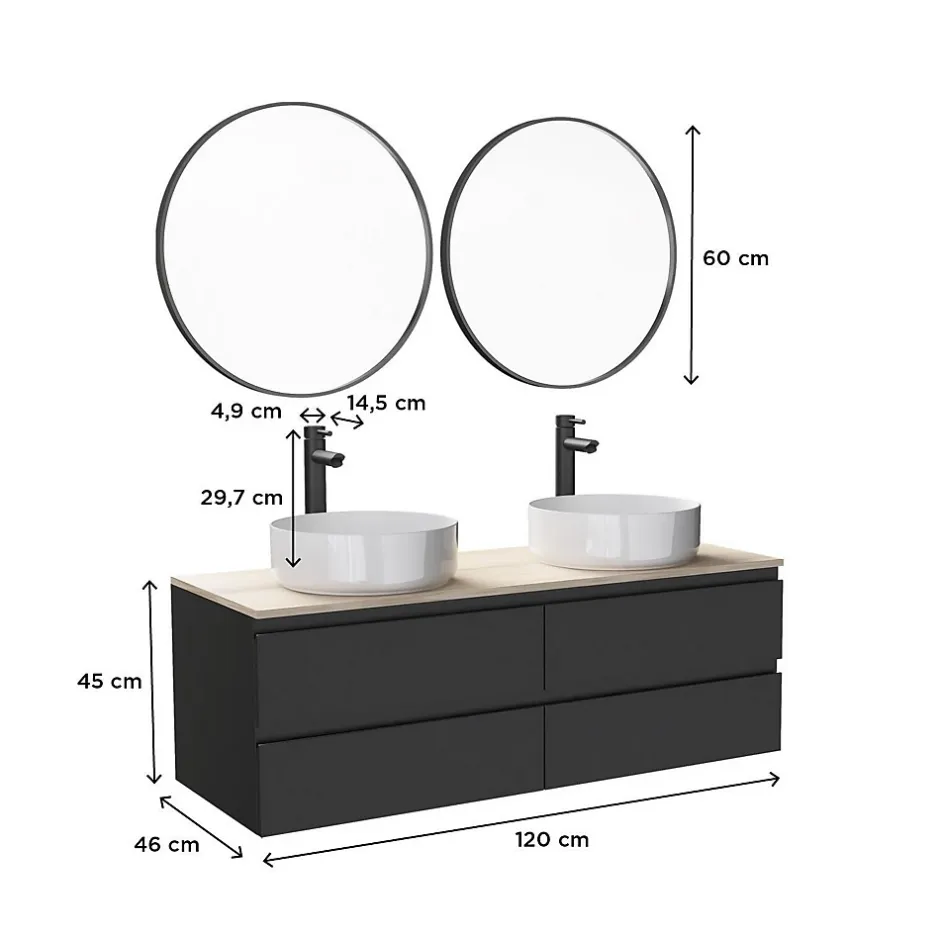 Mob-In Meuble double vasque 120cm avec plan bois SORRENTO Blanc+vasque+robinet+miroir* Ensemble Meuble De Salle De Bains