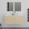 AICA Sanitaire Meuble double vasque, 4tiroirs l.120 x W.46 x H.52 cm,Chêne,avec lavabo et 2x miroir encadré
