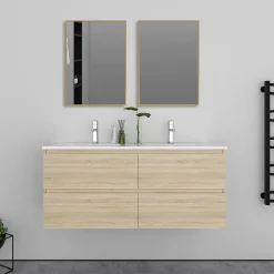AICA Sanitaire Meuble double vasque, 4tiroirs l.120 x W.46 x H.52 cm,Chêne,avec lavabo et 2x miroir encadré