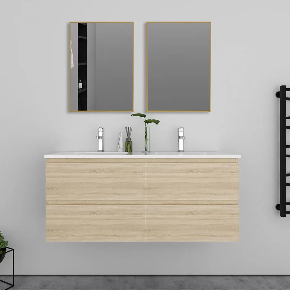 AICA Sanitaire Meuble double vasque, 4tiroirs l.120 x W.46 x H.52 cm,Chêne,avec lavabo et 2x miroir encadré