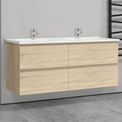 AICA Sanitaire Meuble double vasque, 4tiroirs l.120 x W.46 x H.52 cm,Chêne,avec lavabo et 2x miroir encadré