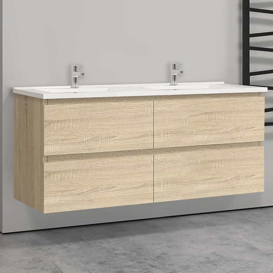 AICA Sanitaire Meuble double vasque, 4tiroirs l.120 x W.46 x H.52 cm,Chêne,avec lavabo et 2x miroir encadré