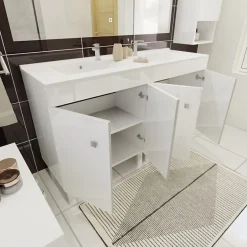 Cuisibane Meuble ECOLINE 140 cm avec plan vasque résine et miroir Elégance ht105- Blanc