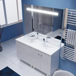 Cuisibane Meuble ECOLINE 140 cm avec plan vasque résine et miroir Elégance ht105- Blanc
