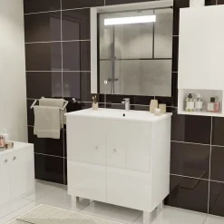 Cuisibane Meuble ECOLINE 80 cm avec plan vasque et miroir Elégance ht80- Blanc
