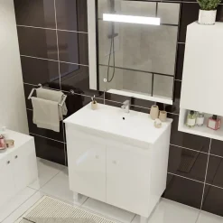Cuisibane Meuble ECOLINE 80 cm avec plan vasque et miroir Elégance ht80- Blanc
