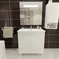 Cuisibane Meuble ECOLINE 80 cm avec plan vasque et miroir Elégance ht80- Blanc