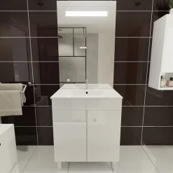 Cuisibane Meuble ECOLINE 70 cm avec plan vasque et miroir ELEG Plus ht105 - Blanc