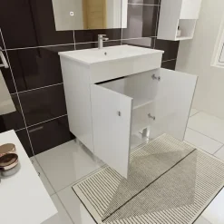 Cuisibane Meuble ECOLINE 70 cm avec plan vasque et miroir ELEG Plus ht105 - Blanc