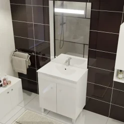 Cuisibane Meuble ECOLINE 70 cm avec plan vasque et miroir ELEG Plus ht105 - Blanc