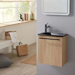 Planète Bain Meuble finition bois pour wc avec lave-mains en solid surface noir et mitigeur noir