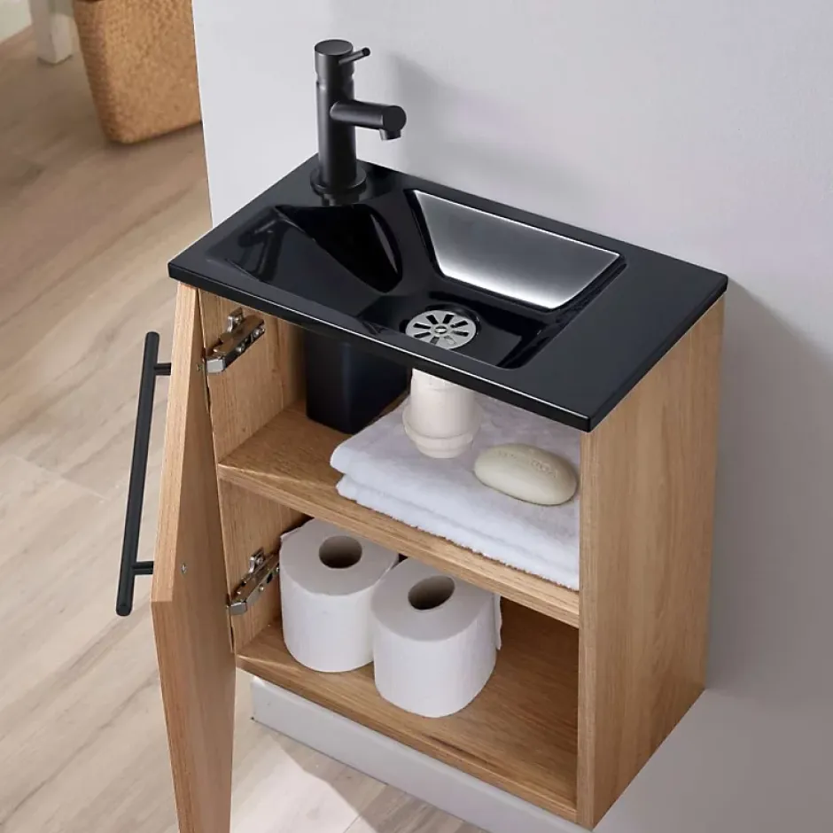 Planète Bain Meuble finition bois pour wc avec lave-mains en solid surface noir et mitigeur noir