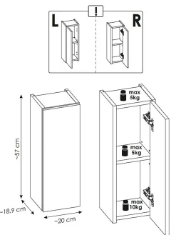 Furnidea Meuble haut de salle de bain à suspendre NOVA OAK 20 x 57 cm* Armoire De Salle De Bains