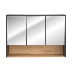 Meublorama Meuble haut de salle de bain TALOKA 3 portes miroir Gris anthracite et chene clair L100 cm Suspendu