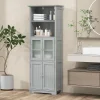 Giantex Meuble Haut de Salle de Bain Rangement 6 Niveaux avec 2 Etageres Ouvertes&2 Compartiments Porte en Verre Transparent Gris
