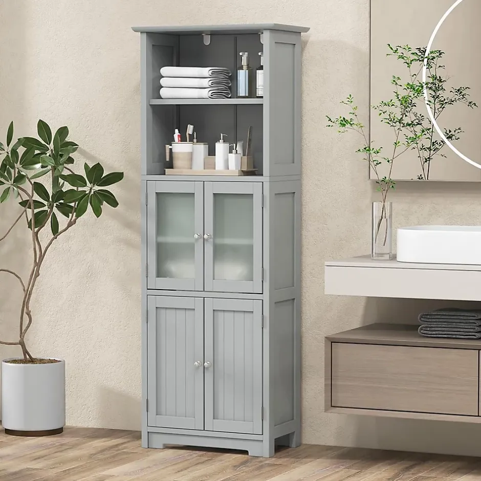 Giantex Meuble Haut de Salle de Bain Rangement 6 Niveaux avec 2 Etageres Ouvertes&2 Compartiments Porte en Verre Transparent Gris