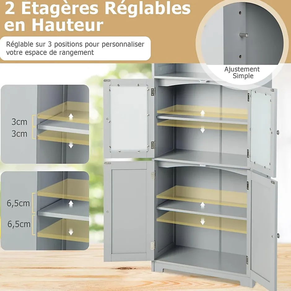 Giantex Meuble Haut de Salle de Bain Rangement 6 Niveaux avec 2 Etageres Ouvertes&2 Compartiments Porte en Verre Transparent Gris