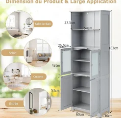 Giantex Meuble Haut de Salle de Bain Rangement 6 Niveaux avec 2 Etageres Ouvertes&2 Compartiments Porte en Verre Transparent Gris