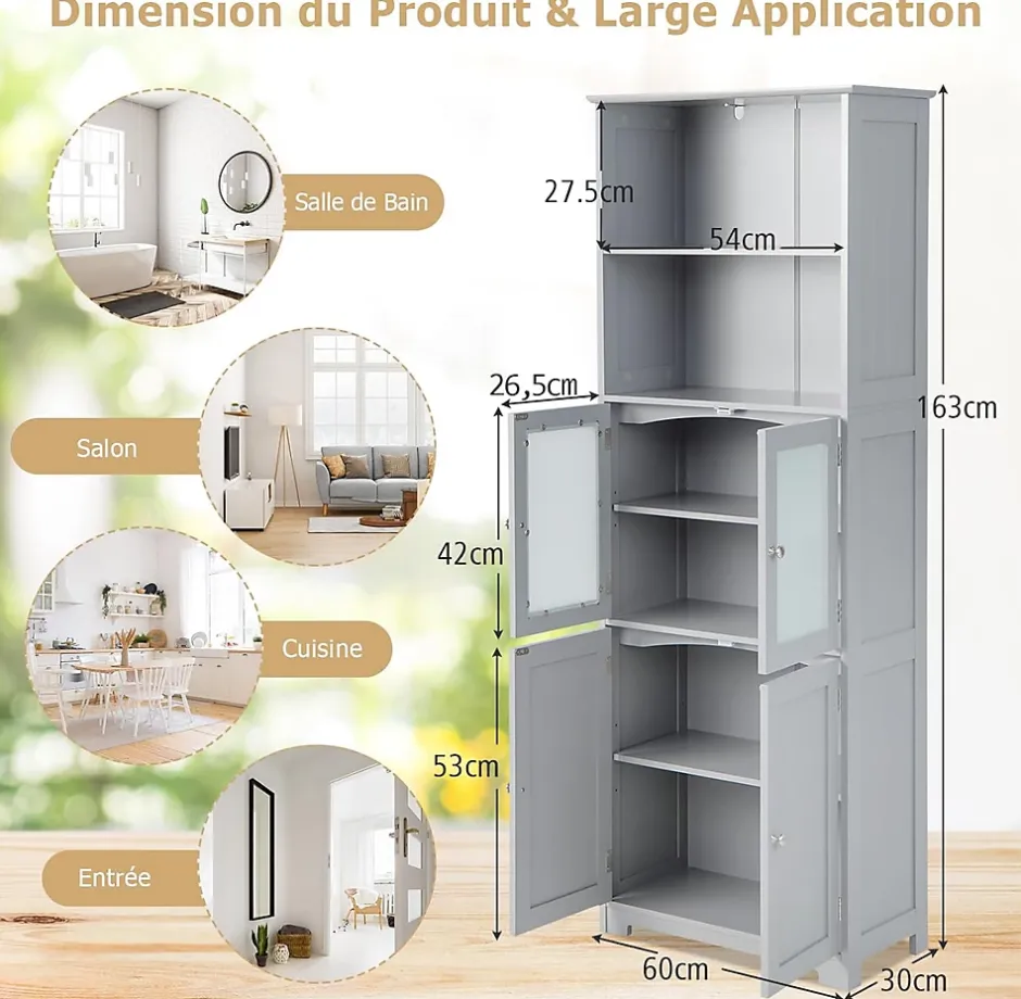 Giantex Meuble Haut de Salle de Bain Rangement 6 Niveaux avec 2 Etageres Ouvertes&2 Compartiments Porte en Verre Transparent Gris