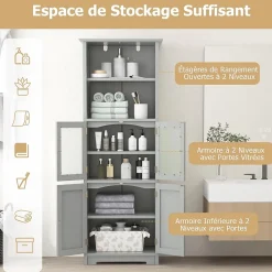 Giantex Meuble Haut de Salle de Bain Rangement 6 Niveaux avec 2 Etageres Ouvertes&2 Compartiments Porte en Verre Transparent Gris