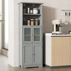 Giantex Meuble Haut de Salle de Bain Rangement 6 Niveaux avec 2 Etageres Ouvertes&2 Compartiments Porte en Verre Transparent Gris