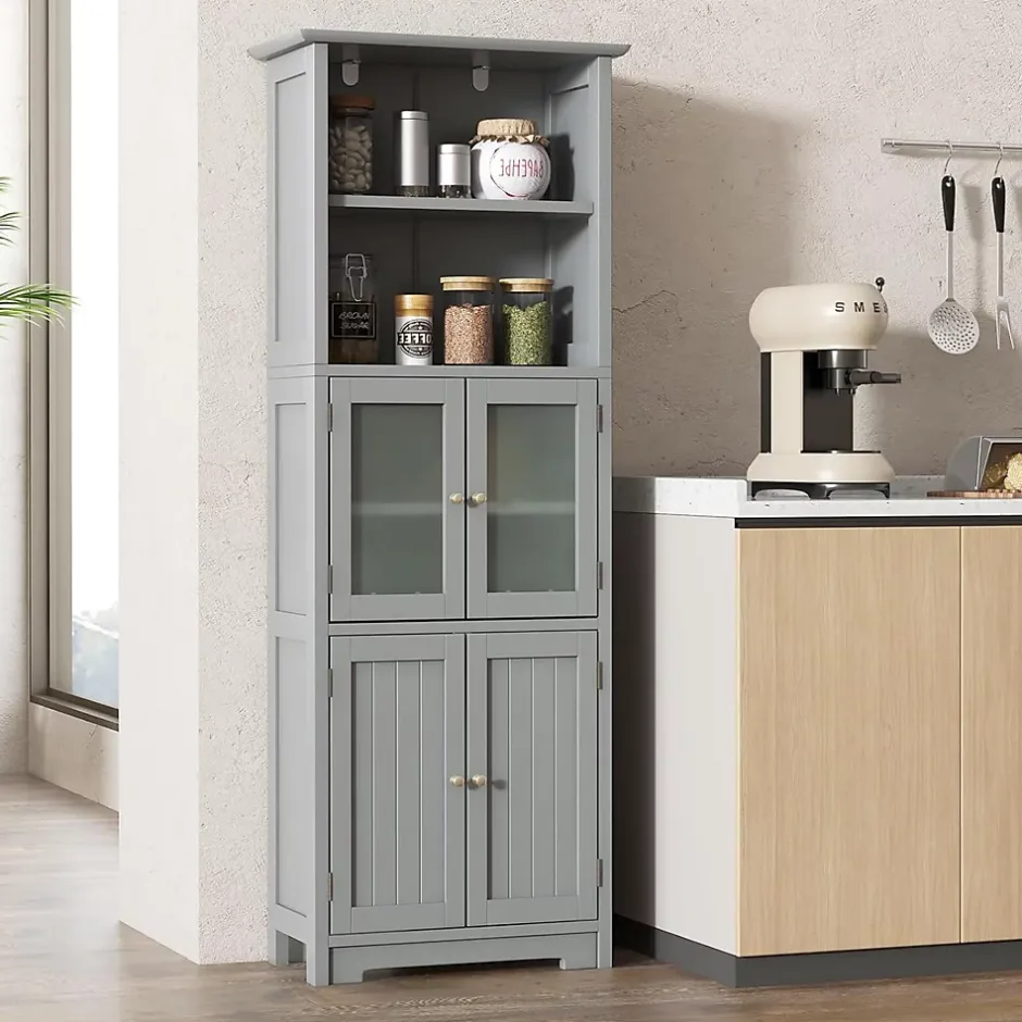 Giantex Meuble Haut de Salle de Bain Rangement 6 Niveaux avec 2 Etageres Ouvertes&2 Compartiments Porte en Verre Transparent Gris
