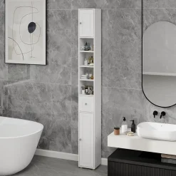 ProximaX Meuble haut et étroit salle de bain blanc, autoportant avec 1 tiroir, 2 portes et 4 étagères réglables, 180 cm