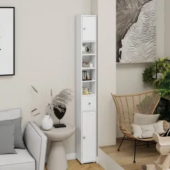 ProximaX Meuble haut et étroit salle de bain blanc, autoportant avec 1 tiroir, 2 portes et 4 étagères réglables, 180 cm