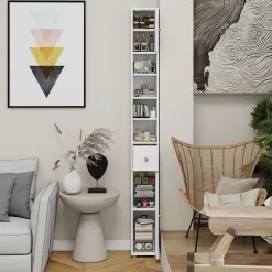 ProximaX Meuble haut et étroit salle de bain blanc, autoportant avec 1 tiroir, 2 portes et 4 étagères réglables, 180 cm