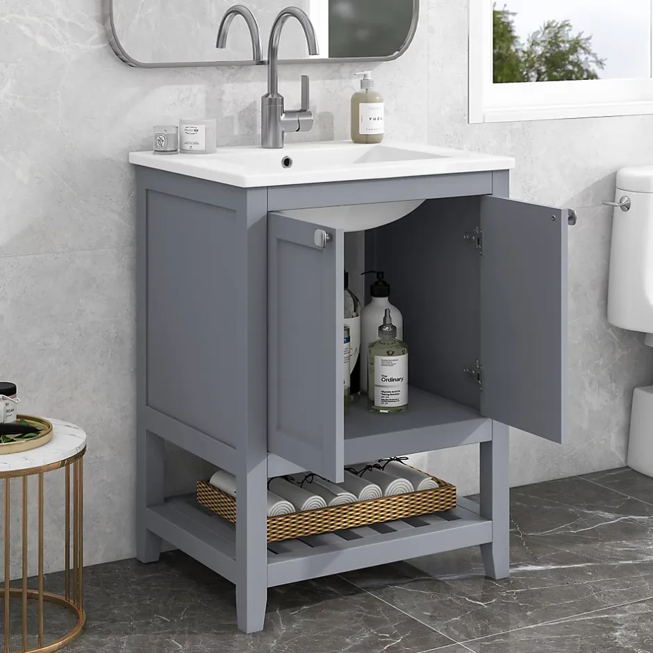 Okwish Meuble Lavabo avec Vasque Céramique - Meuble Sous-Vasque Moderne avec Espace de Rangement, Bois de Pin et MDF, 61x46x90 cm - Gris* Meuble Vasque