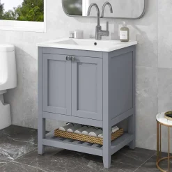 Okwish Meuble Lavabo avec Vasque Céramique - Meuble Sous-Vasque Moderne avec Espace de Rangement, Bois de Pin et MDF, 61x46x90 cm - Gris* Meuble Vasque